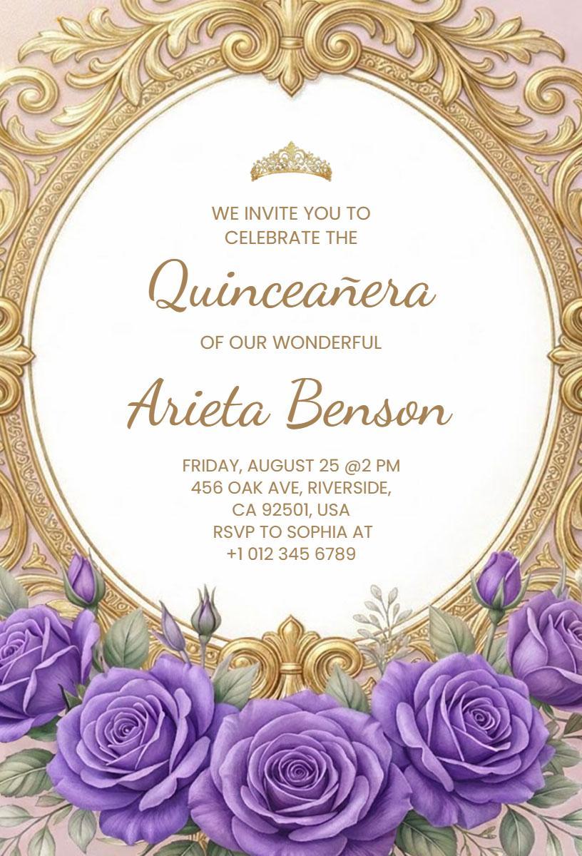 Lavish Floral Gold Quinceanera Celebration Invitation Template