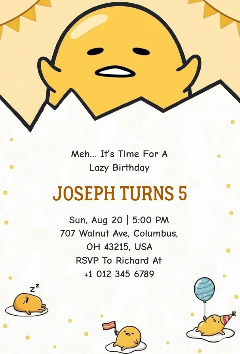 Lazy Gudetama Themed Fun Birthday Celebration Invitation Template