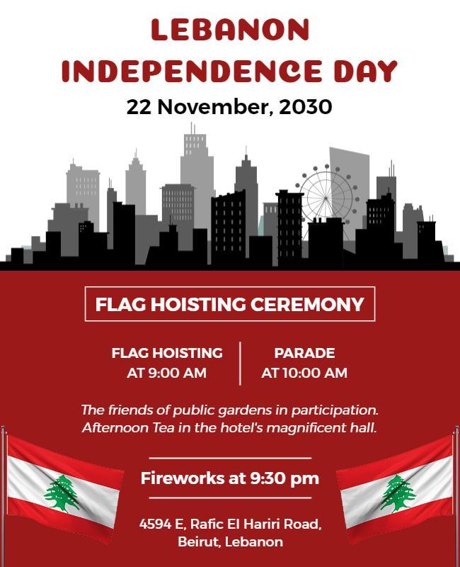 Patriotic Red Lebanon Independence Day Celebration Flyer Template