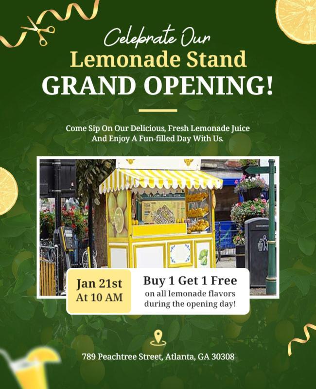 Fresh Green Lemonade Stand Grand Opening Celebration Flyer Template