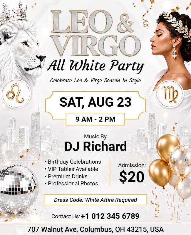 Leo and Virgo Zodiac All White Party Flyer Template