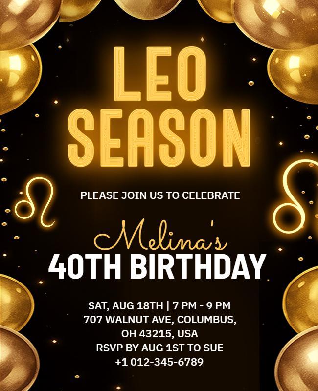 Leo Season 40th Birthday Party Invitation Flyer Template
