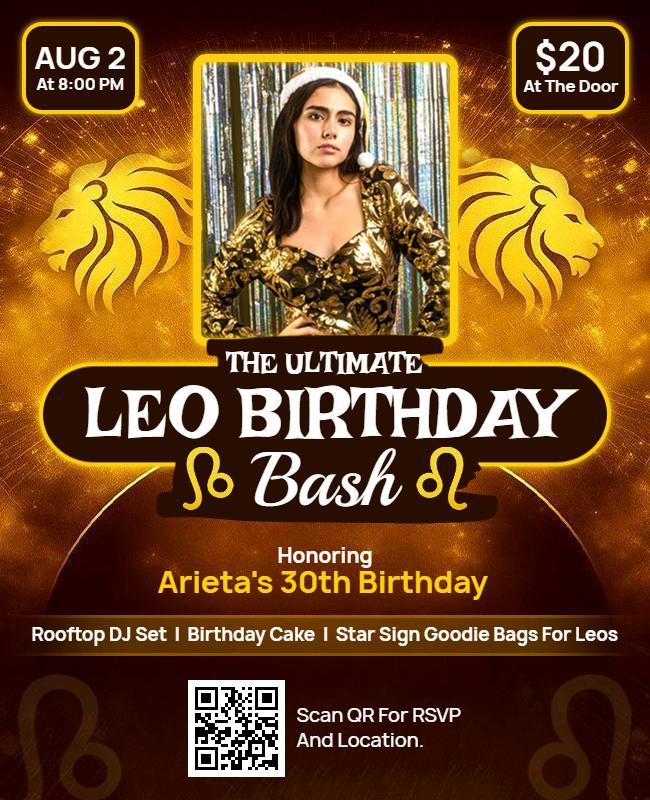Leo Zodiac Sign Birthday Bash Celebration Flyer Template