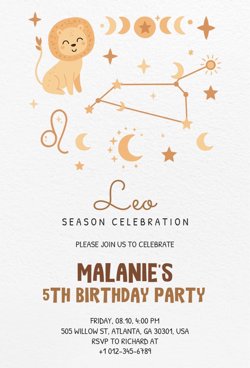 Leo Zodiac Themed 5th Birthday Celebration Invitation Template