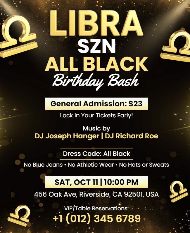 Libra All Black Birthday Bash Party Flyer Template