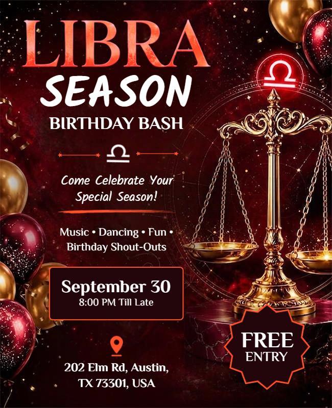 Libra Season Birthday Bash Celebration Flyer Template