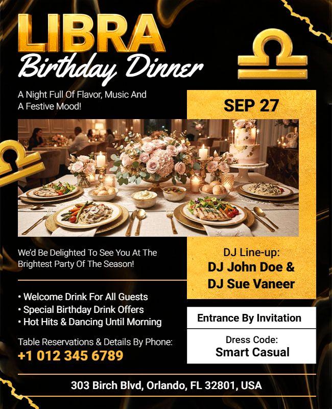 Libra Themed Birthday Dinner Party Flyer Template