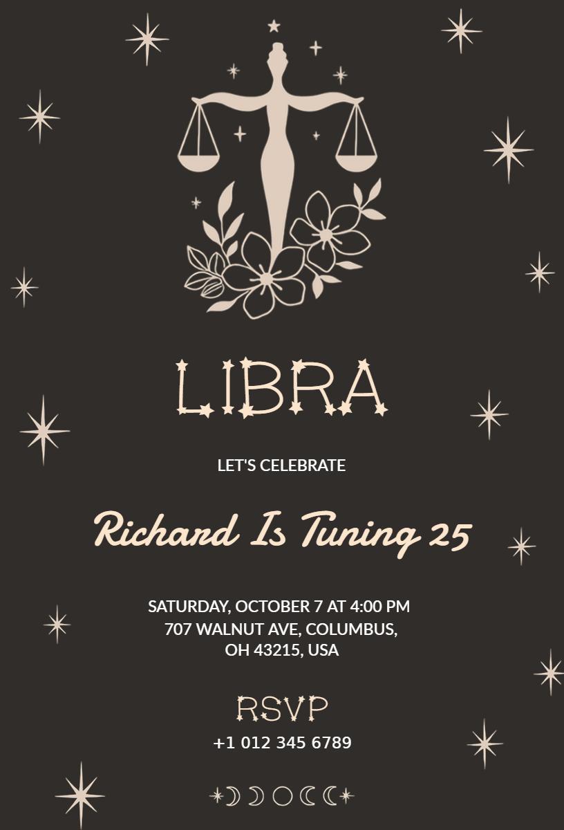 Libra Zodiac Sign Astronomy Birthday Celebration Invitation Template