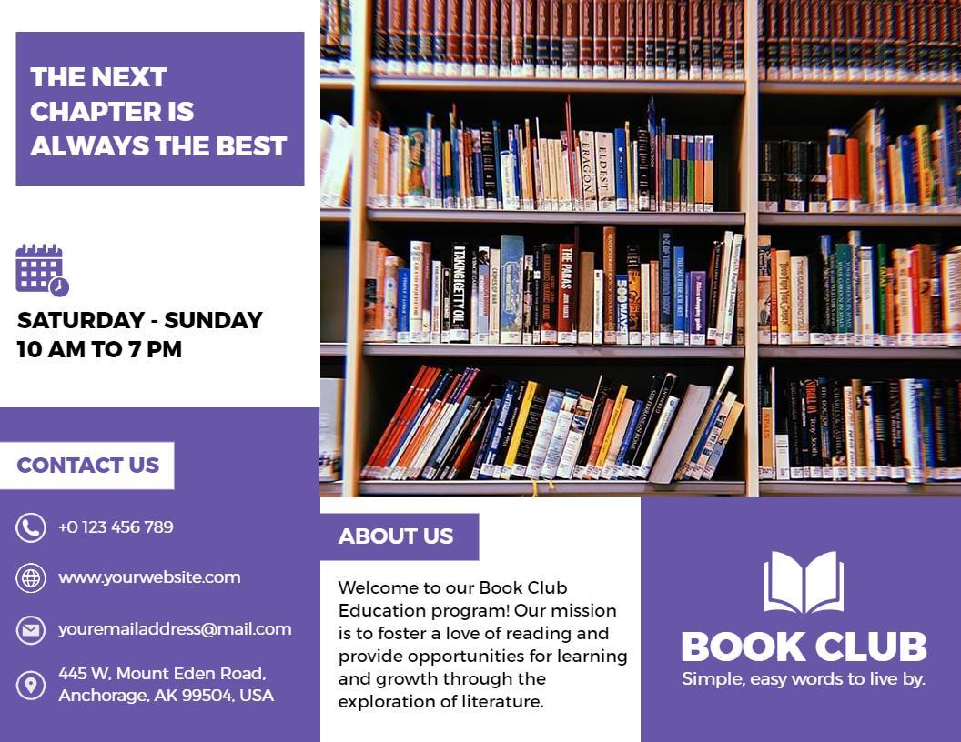 Library Themed Book Club Educational Outreach Brochure Template