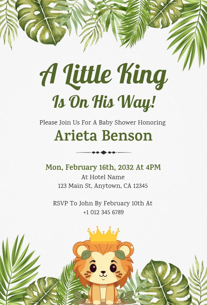 Little King Jungle Theme Baby Shower Celebration Invitation Template