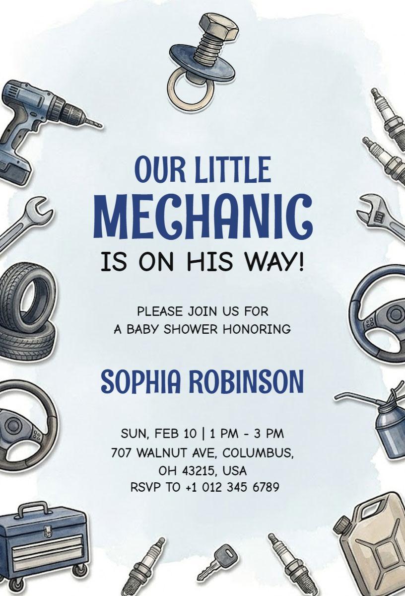 Little Mechanic Themed Fun Baby Shower Invitation Template