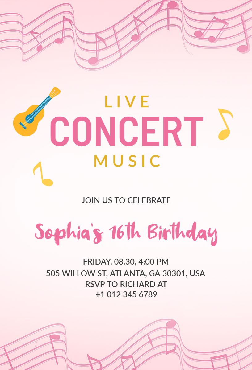 Live Concert Music Sweet 16 Birthday Celebration Invitation Template
