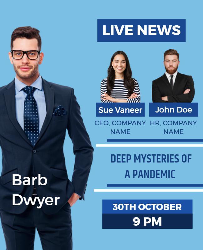 Modern Blue Live News Pandemic Mystery Discussion Flyer Template