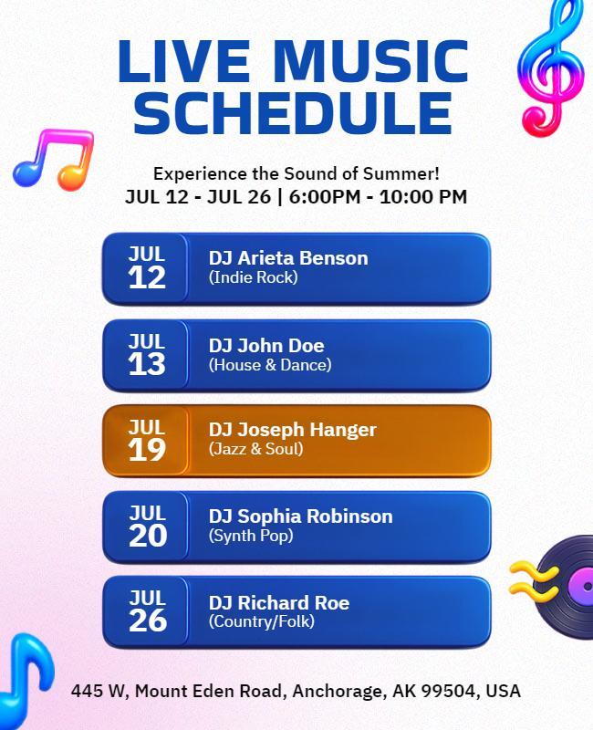 Live Summer Music Schedule Flyer Template