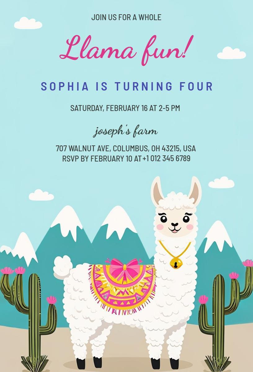 Llama-Themed Colorful Birthday Celebration Invitation Template
