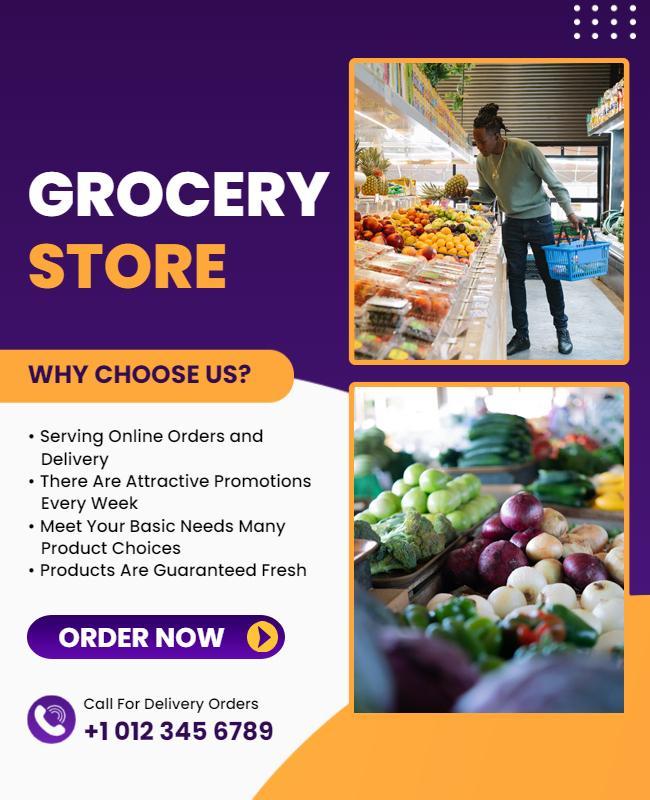 Vibrant Purple Grocery Store Promotion Flyer Template