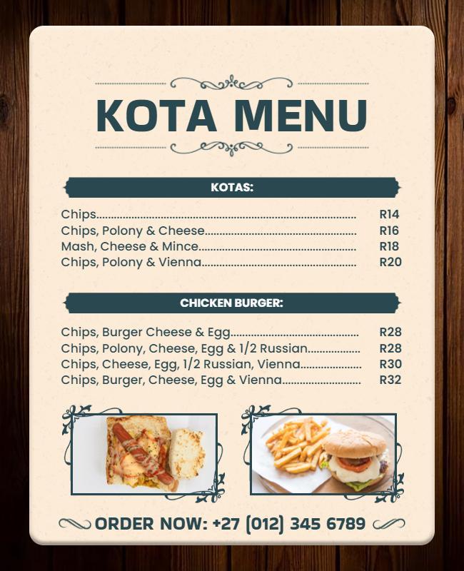 Local Kota Menu with Chicken Burger Options Flyer Template