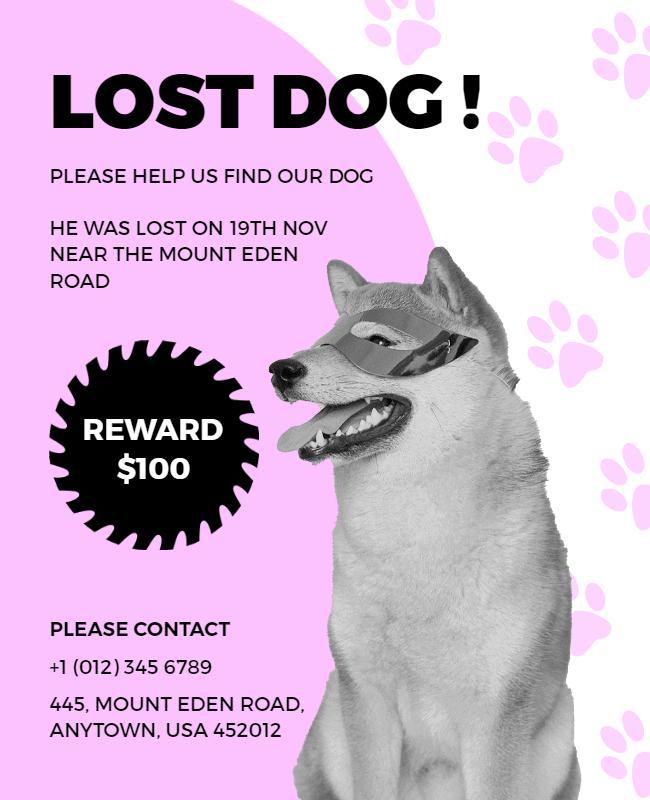 Bold Pink Lost Dog Announcement Reward Flyer Template