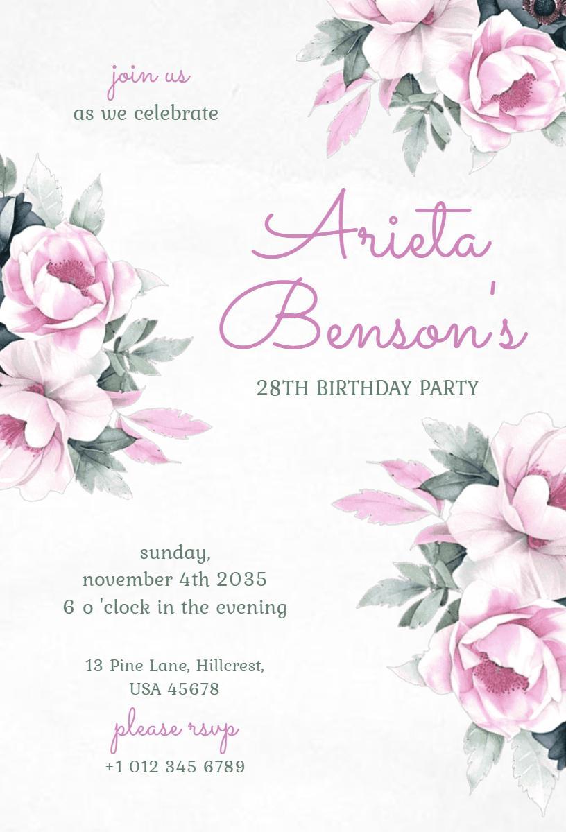 Lovely Floral 28th Birthday Celebration Invitation Template