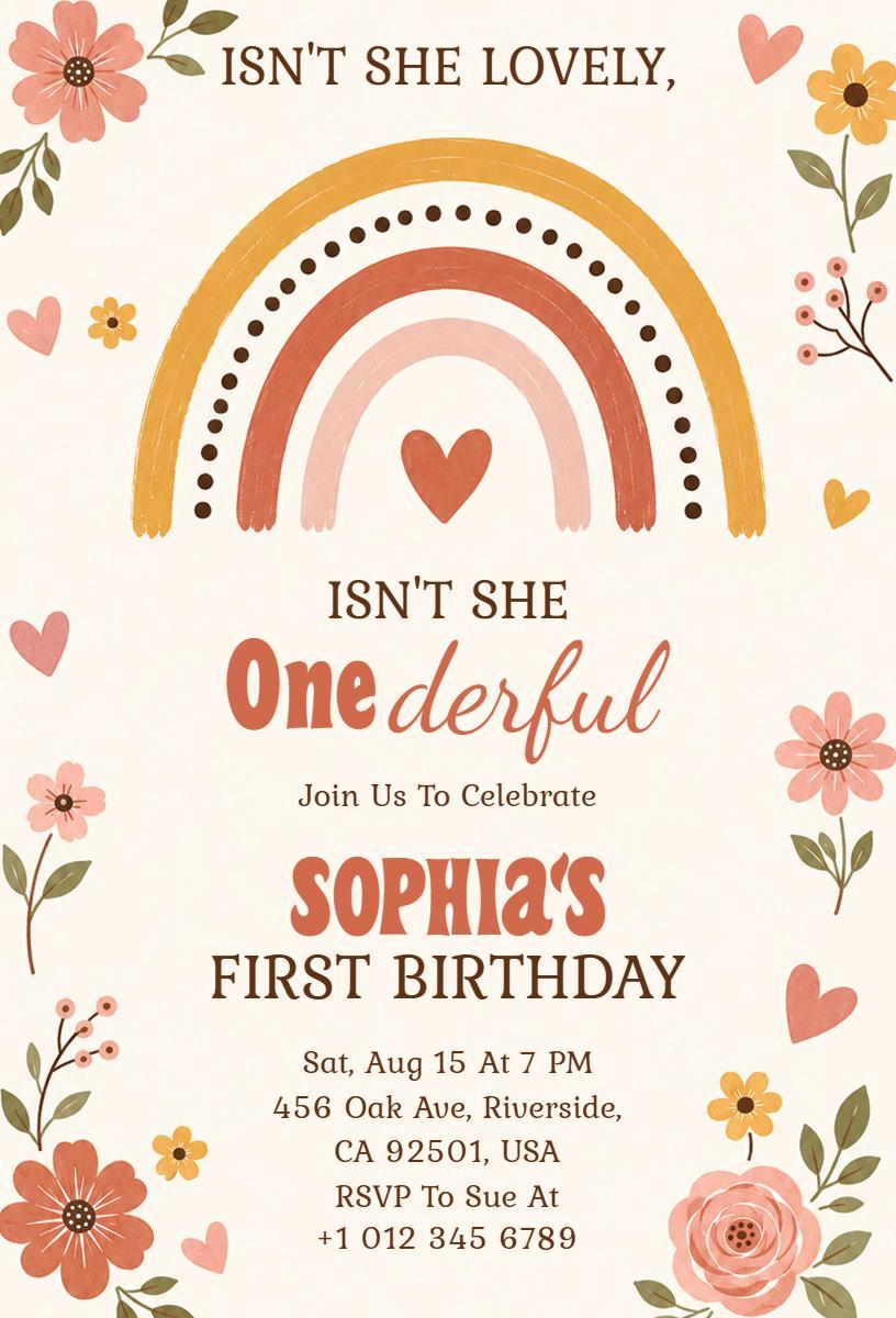 Lovely Rainbow Floral 1st Birthday Celebration Invitation Template