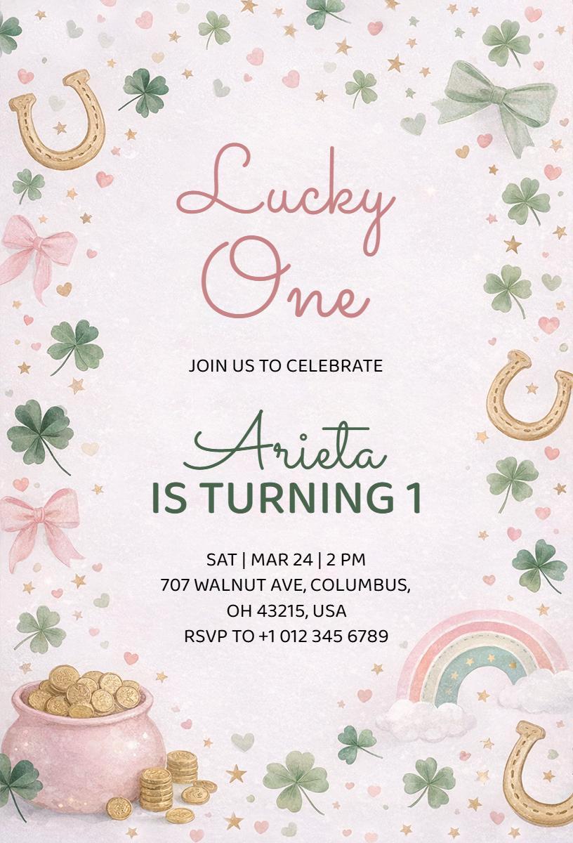 Lucky Shamrock Themed 1st Birthday Celebration Invitation Template