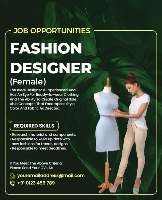 Lush Green Fashion Designer Job Opportunities Poster Template