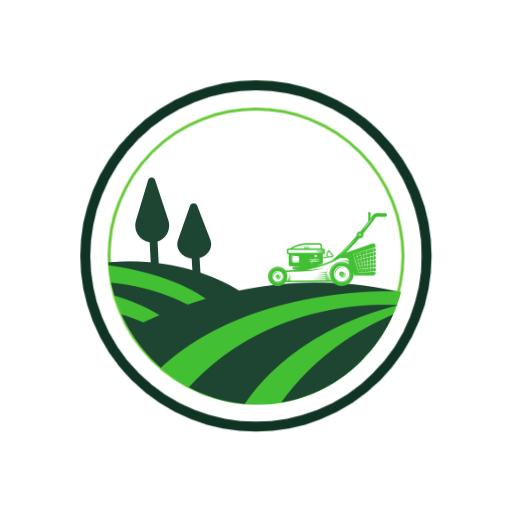 Lush Green Fields with Lawnmower Representing Lawn Care Logo Template