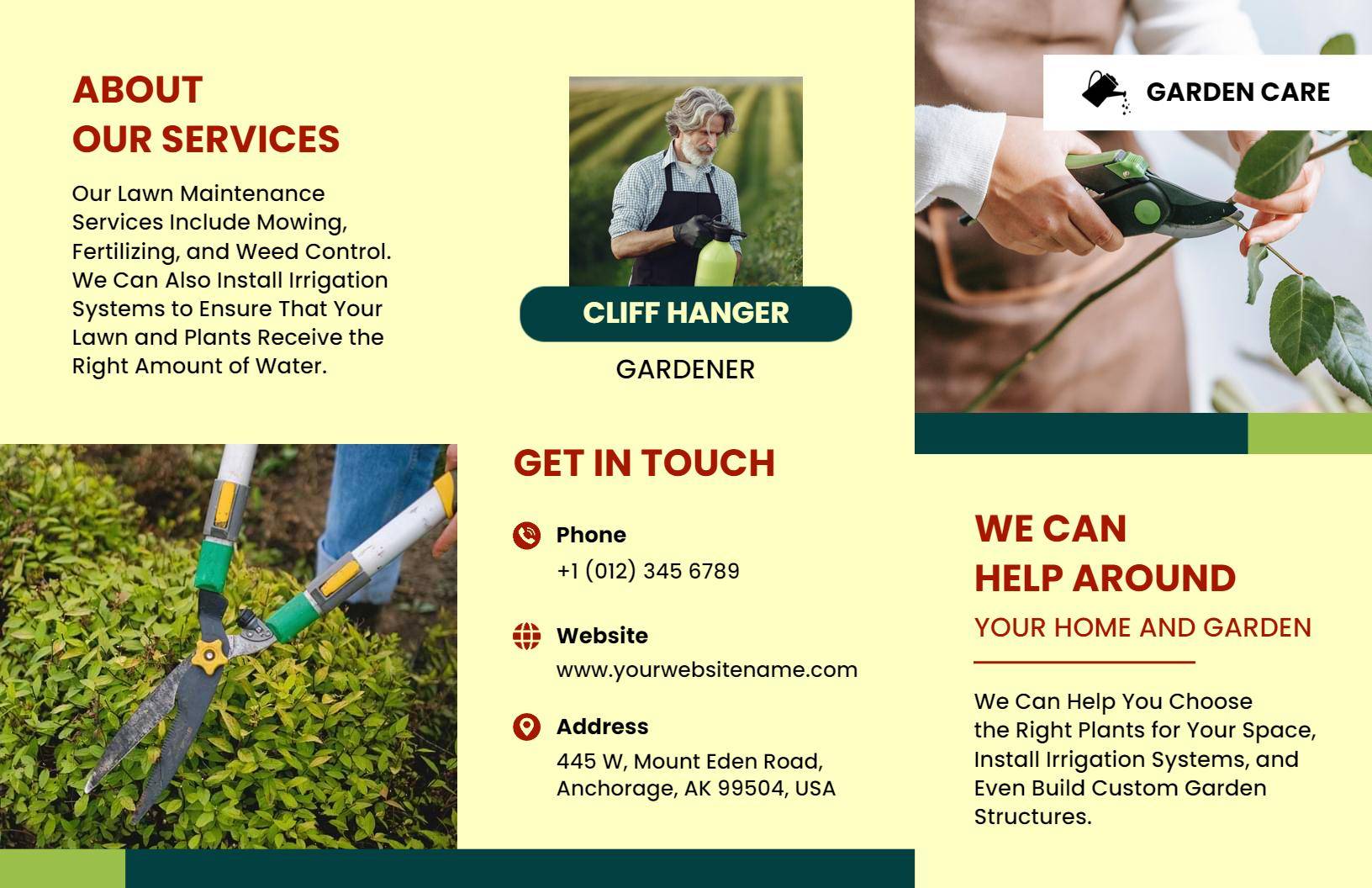 Lush Green Lawn Care and Gardening Services Brochure Template