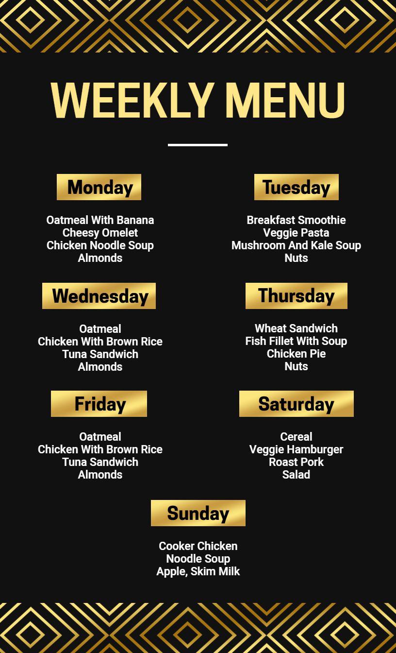 Luxurious Gold Accent on Black Weekly Dining Menu Template
