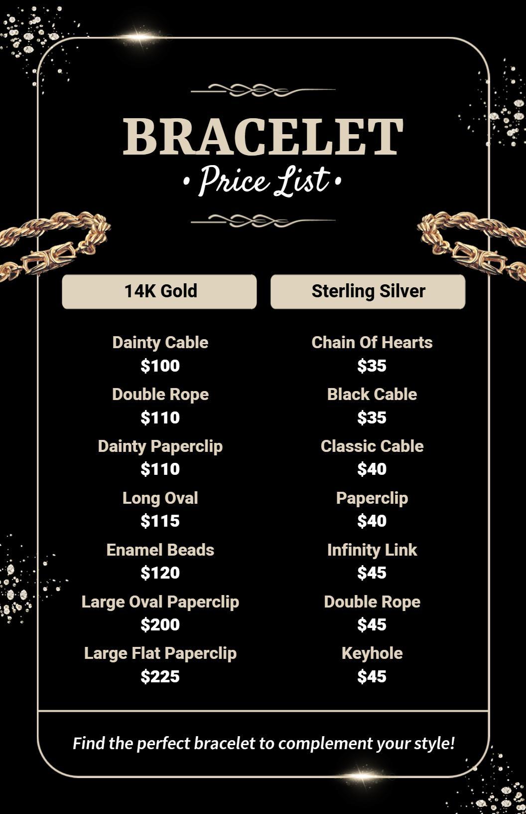 Luxury Black and Gold-Encrusted Bracelet Price List Template