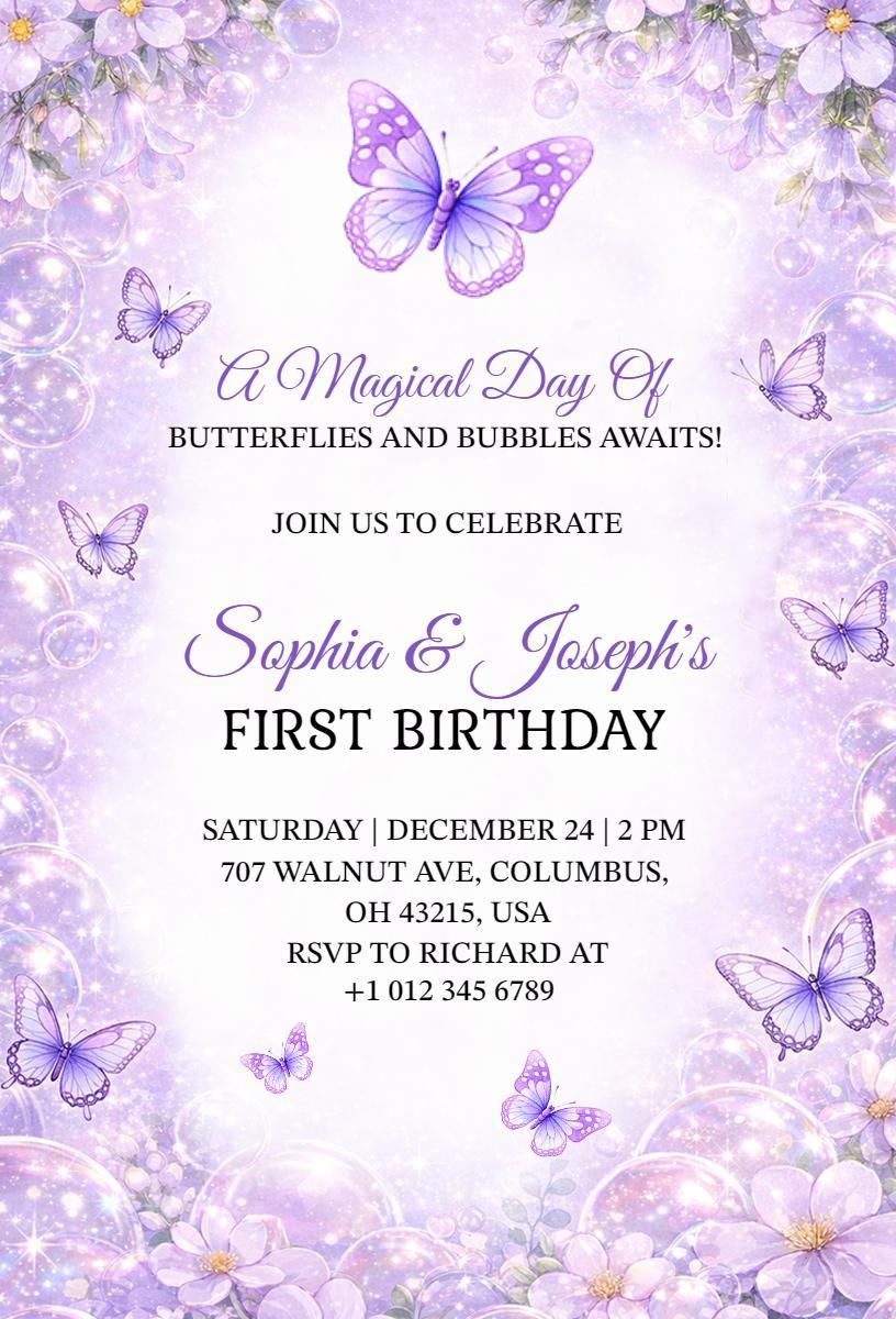 Magical Butterfly Bubbles First Birthday Celebration Invitation Template
