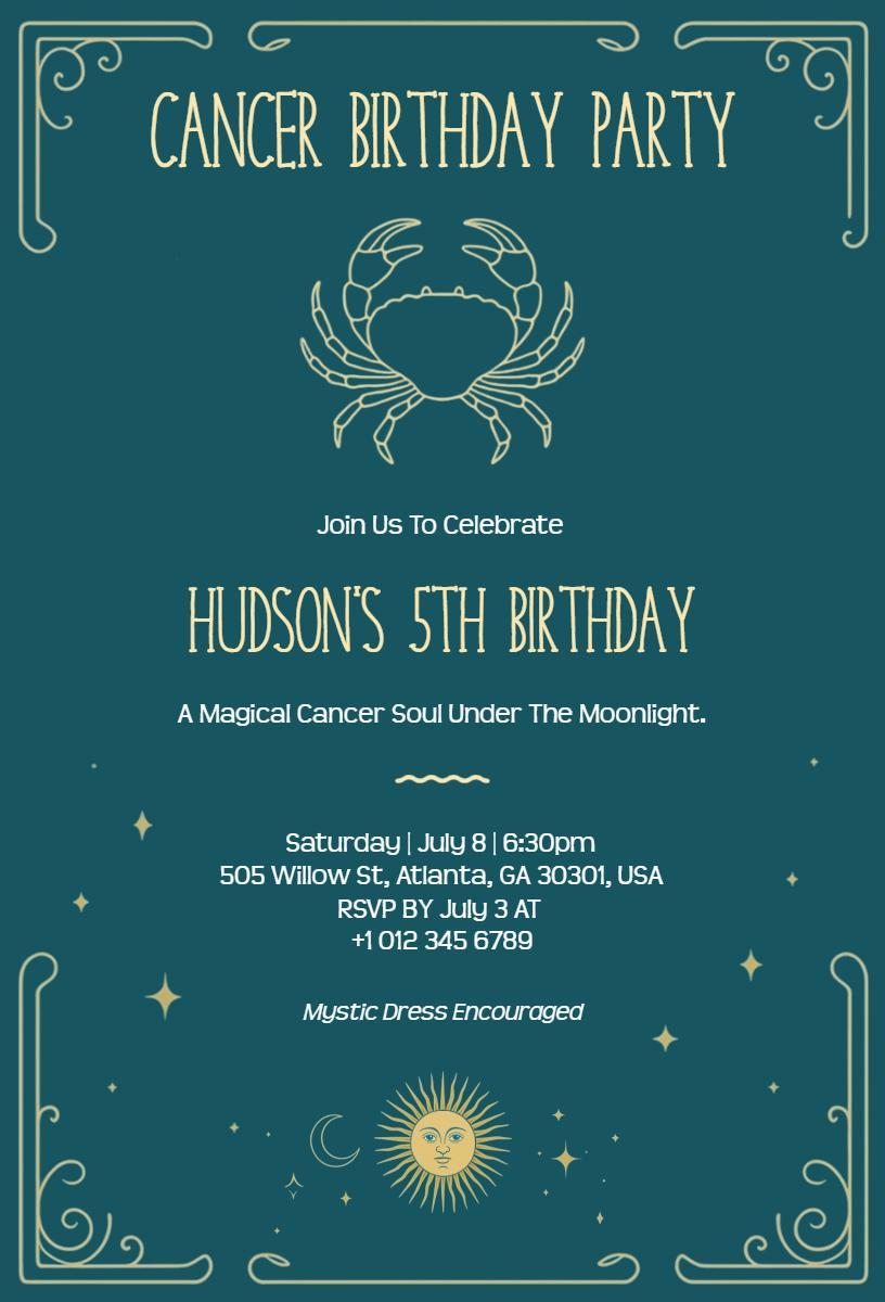 Magical Cancer Zodiac Theme Birthday Celebration Invitation Template