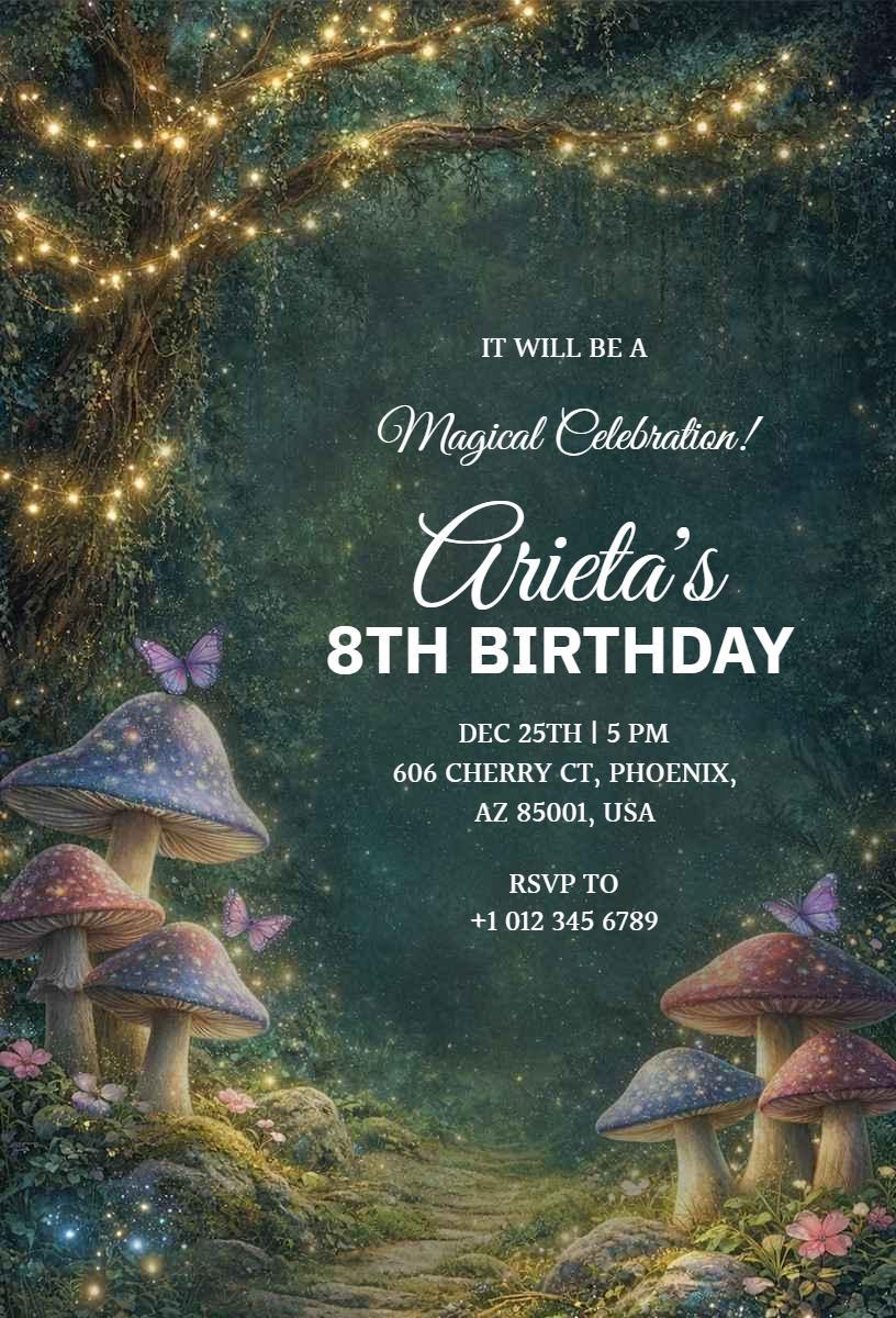 Magical Enchanted Forest 8th Birthday Celebration Invitation Template