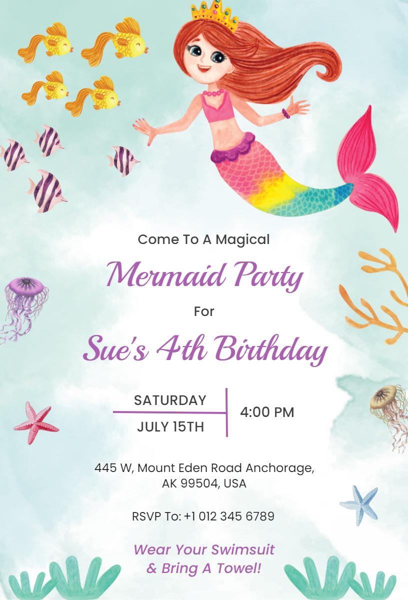 Magical Mermaid Theme 4th Birthday Celebration Invitation Template