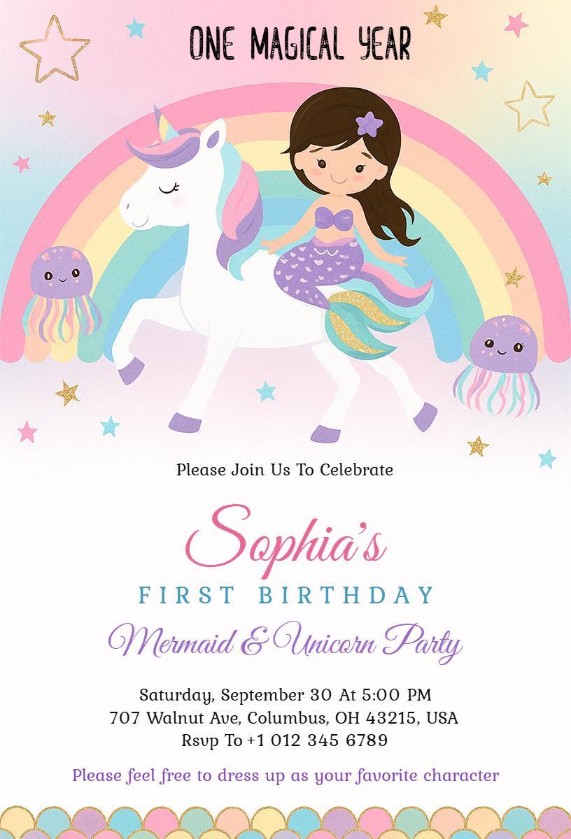 Magical Mermaid Unicorn 1st Birthday Celebration Invitation Template