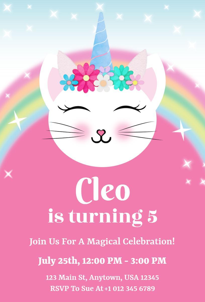 Magical Unicorn Cat 5th Birthday Celebration Invitation Template