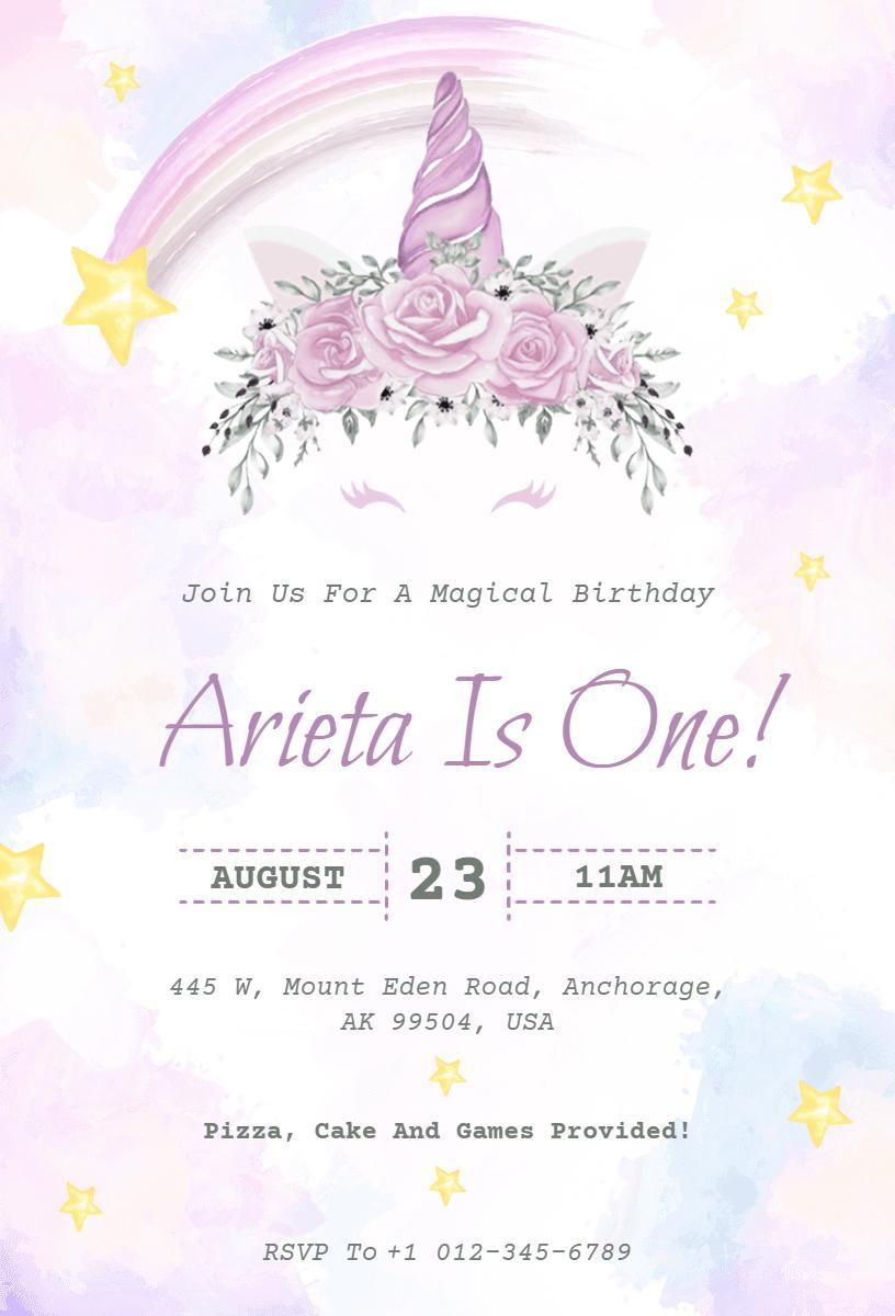 Magical Unicorn Theme 1st Birthday Celebration Invitation Template