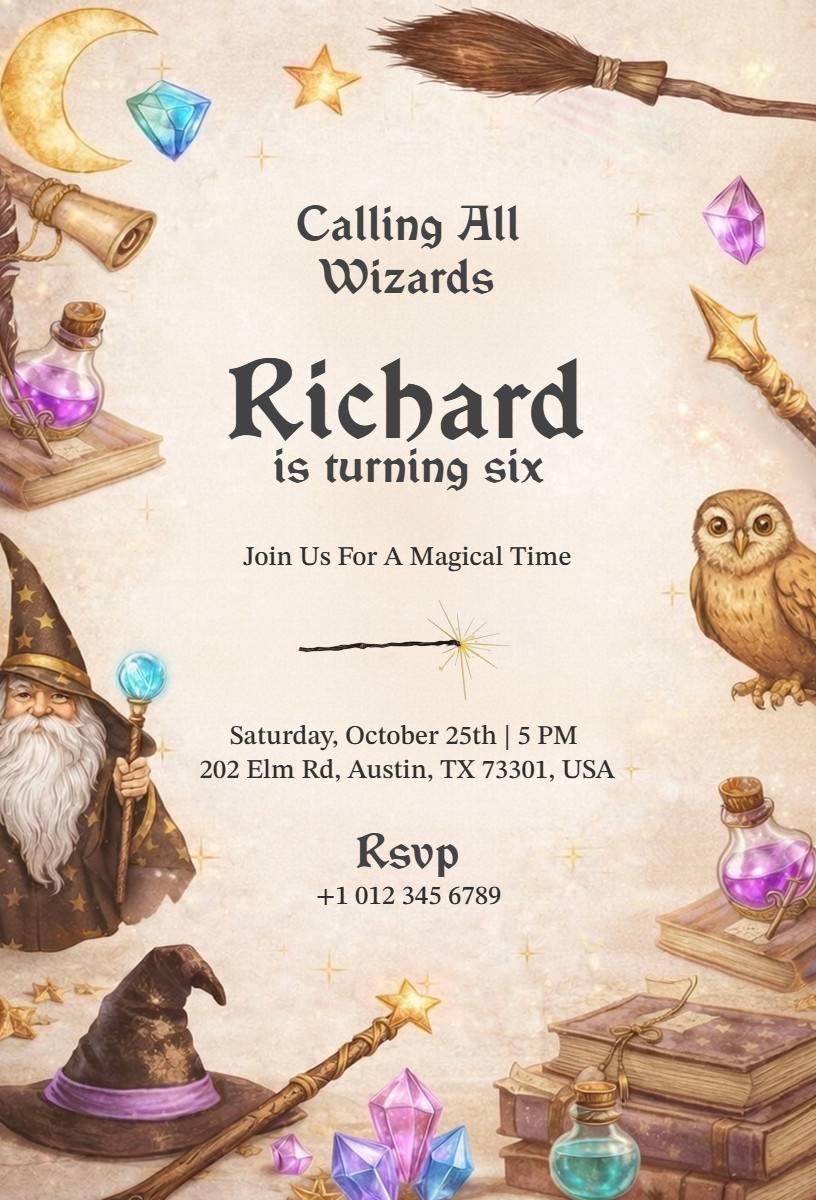 Magical Wizard Theme Birthday Celebration Invitation Template