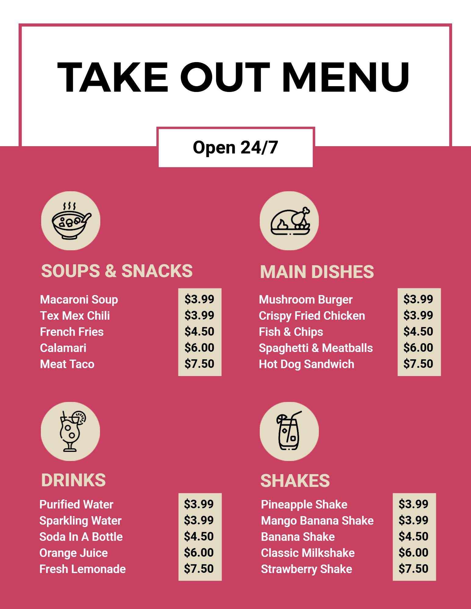 Main Dishes and Delicious Shakes Selection Take-Out Menu Template