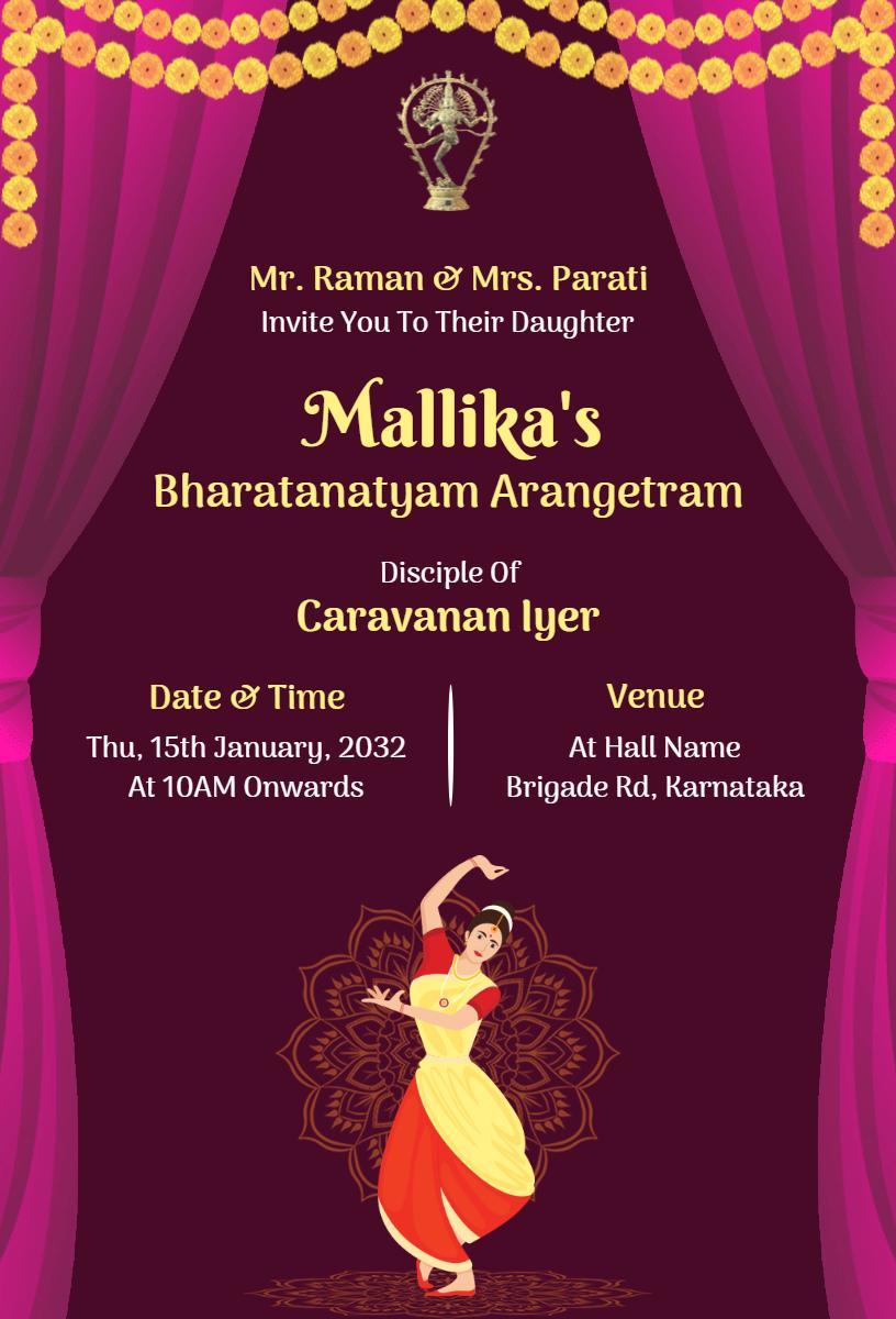 Mallika's Bharatanatyam Arangetram Cultural Ceremony Invitation Template