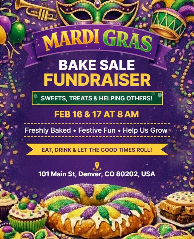 Mardi Gras Bake Sale Fundraiser Flyer Template
