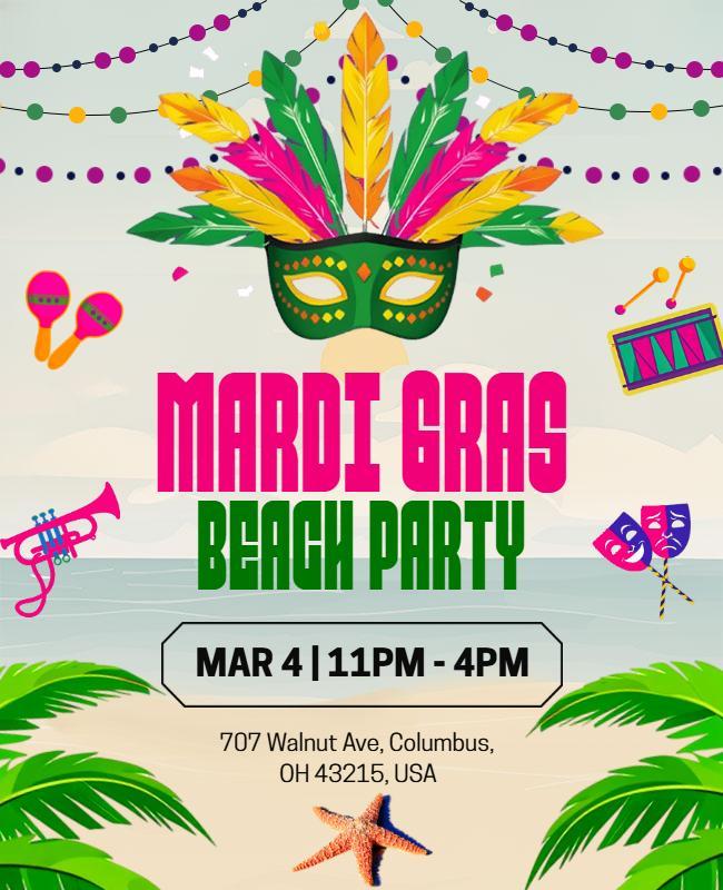 Mardi Gras Beach Party Celebration Flyer Template