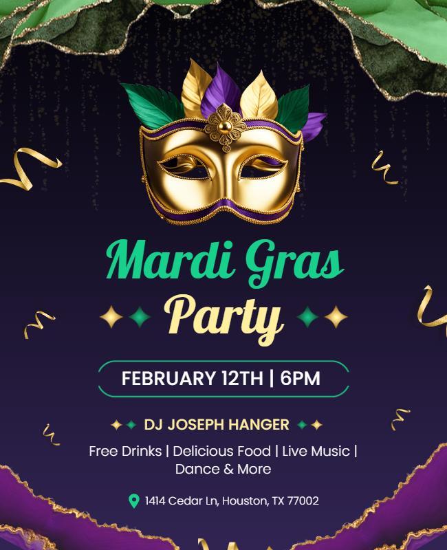 Festive Purple Mardi Gras Masquerade Party Flyer Template