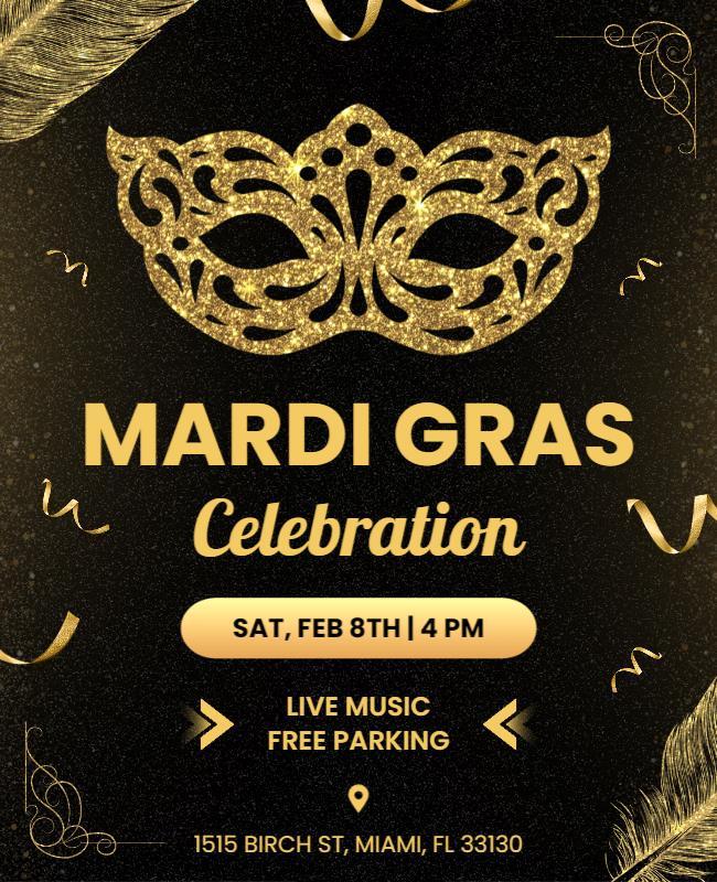 Elegant Gold Mardi Gras Celebration Party Flyer Template