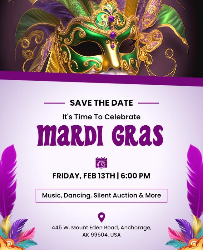 Vibrant Purple Mardi Gras Celebration Flyer Template