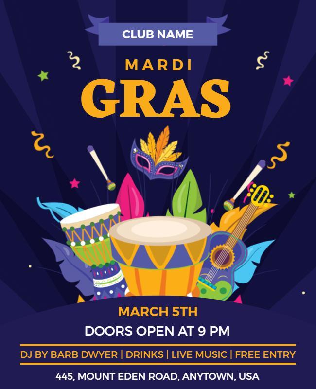 Vibrant Mardi Gras Celebration with Drums and Masquerade Flyer Template