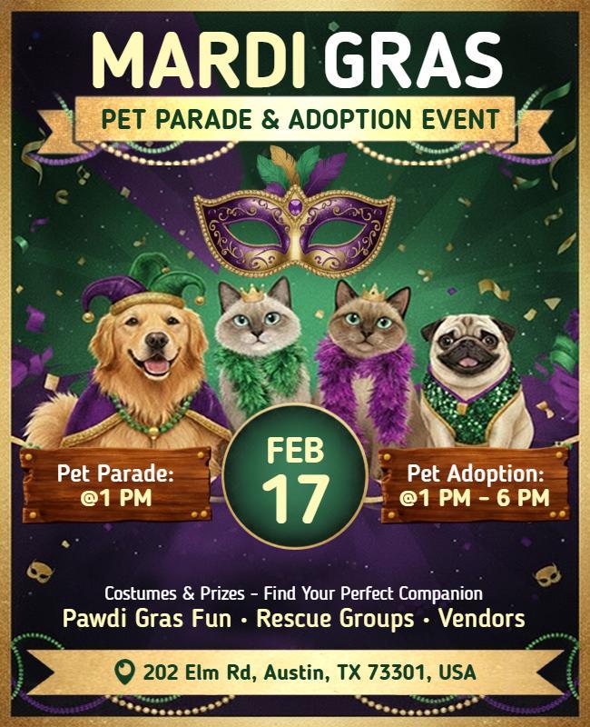 Mardi Gras Pet Parade and Adoption Event Flyer Template