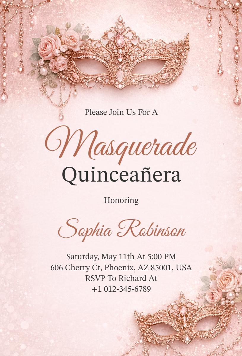 Masquerade Pink Floral Quinceanera Celebration Invitation Template