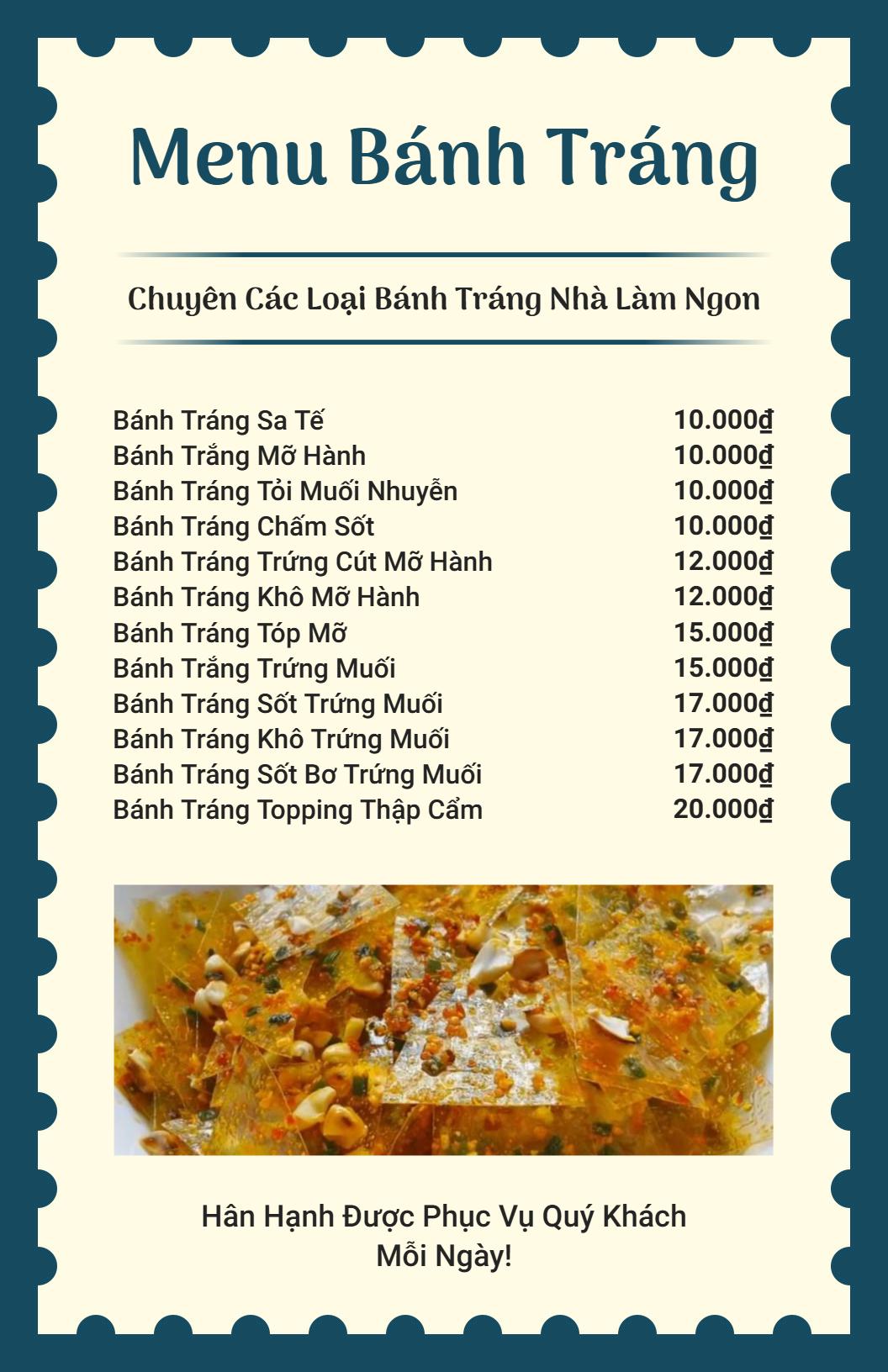 Mẫu Thực đơn Bánh Tráng Việt Nam đích Thực