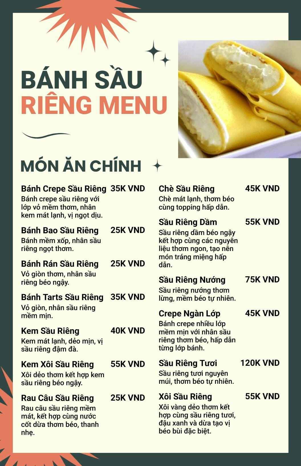 Mẫu Thực đơn Các Món Tráng Miệng Và ăn Vặt Từ Sầu Riêng Việt Nam Truyền Thống
